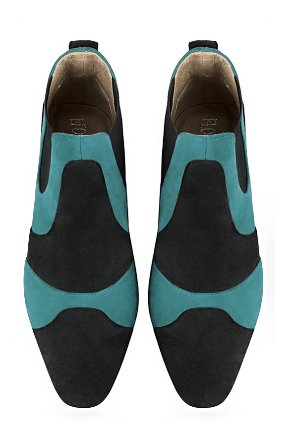 Matt black and aquamarine blue women's ankle boots, with elastics. Round toe. Low flare heels. Top view - Florence KOOIJMAN